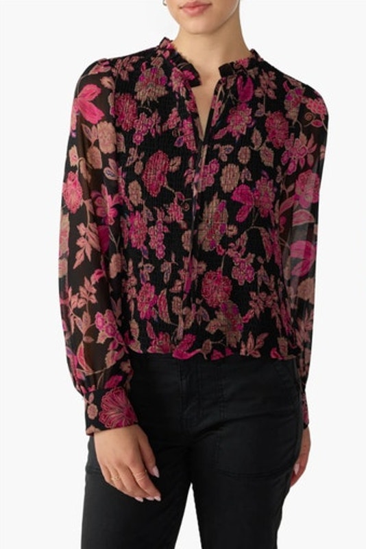 Sanctuary Top Size L New Think Of You Smocked Blouse Black Pink Paisley